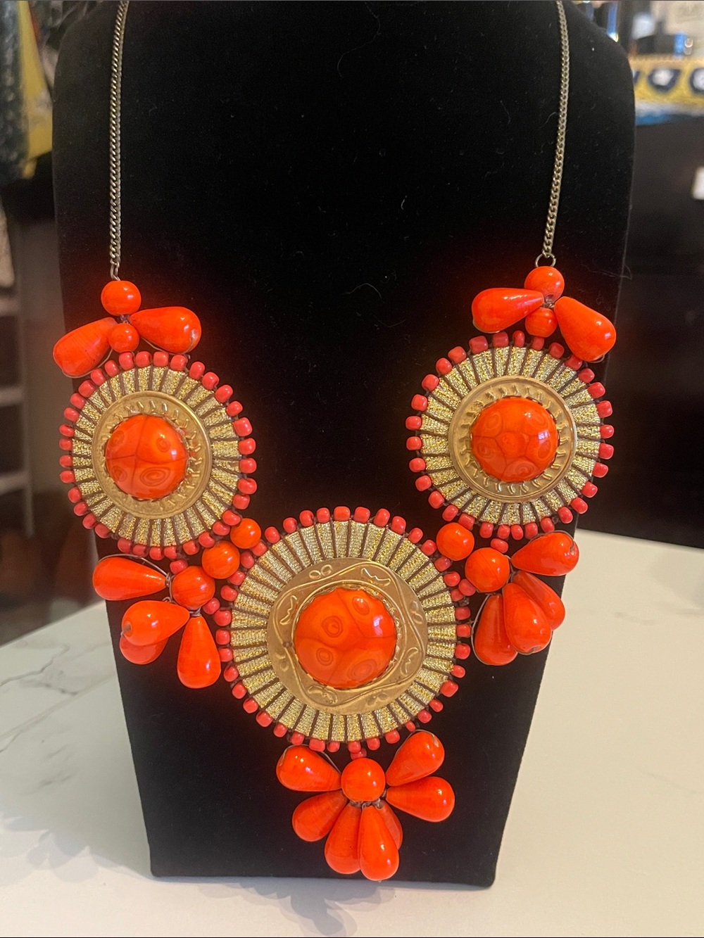 Vibrant Orange Resin & Gold-Tone Statement Necklace